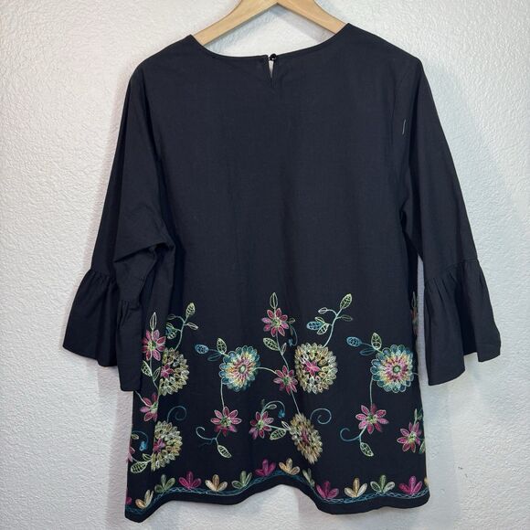 Calessa Top Women L Black Embroidered Colorful Blouse Woven Work Travel Office - Picture 1 of 8